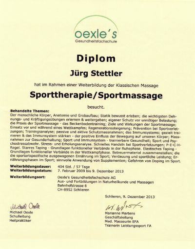 Diplom: Sporttherapie / Sportmassage