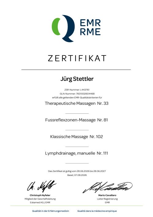 EMR-Zertifikat von Jürg Stettler mit den anerkannten Methoden